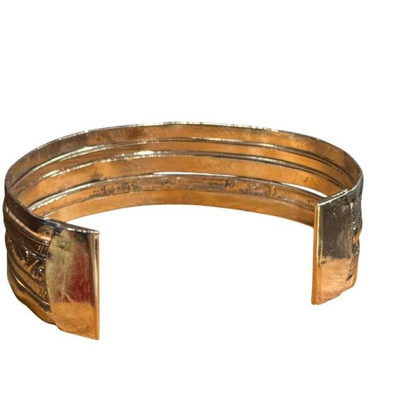 Southwestern Silver Tone Wide Cuff Bracelet, Engraved Tribal Design, Adjustable - Picture 3 of 4